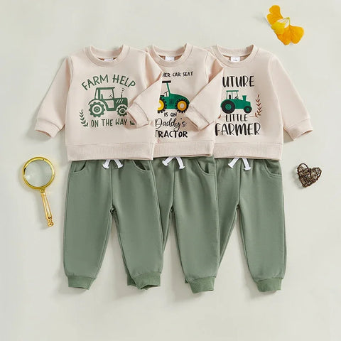 Fall Baby Boys Clothes – Tractor Print Pullover Sweatshirt & Pants Set