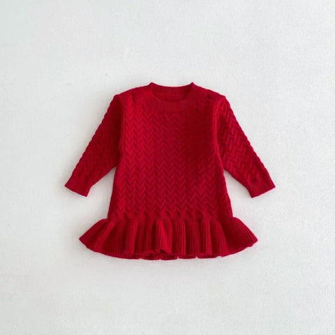 Girls O-Collar Knitted Solid Dress – Ruffle Knitwear Dress