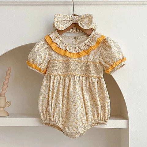 Girls Bodysuits Short Sleeved Cotton - Print Lace Splicing Jumpsuit