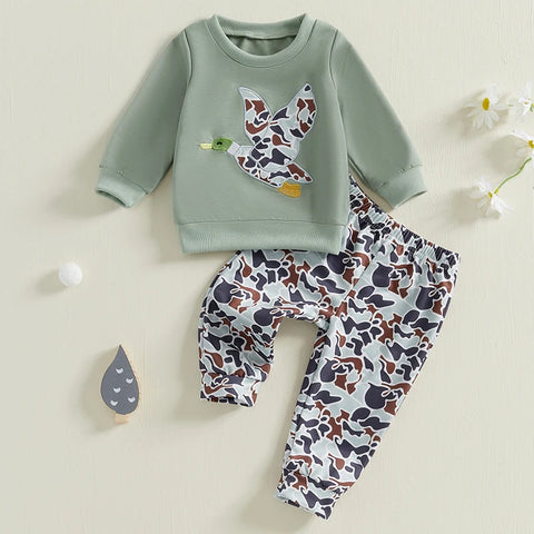 Spring Baby Boys Duck Embroidery Clothing Set – Pullover + Camouflage Pants