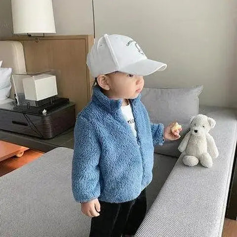 Solid Color Plush Coat for Kids - Autumn & Winter Warm Jacket