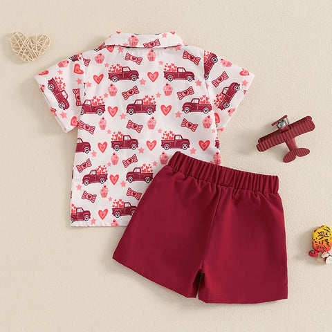 Toddler Baby Boys Valentine's Day Clothes Set – Heart Truck Shirt & Red Shorts