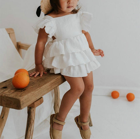 Baby Girl Cotton Criss-Cross Romper – Vintage Ruffled Princess Bodysuit