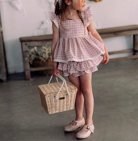 Vintage Sleeveless Criss-Cross Dress with Ruffles & Lace Shorts – Toddler Princess Dress