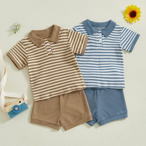 Baby Boys Summer Outfit – Striped Lapel T-Shirt & Drawstring Shorts Set