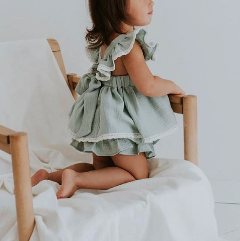 Vintage Sleeveless Criss-Cross Dress with Ruffles & Lace Shorts – Toddler Princess Dress