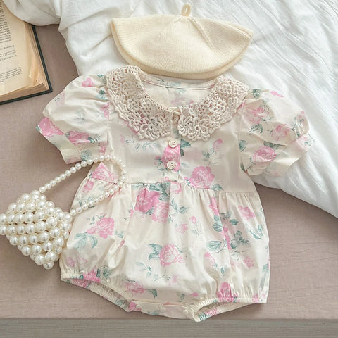 Girls Bodysuits Short Sleeved Cotton - Print Lace Splicing Jumpsuit