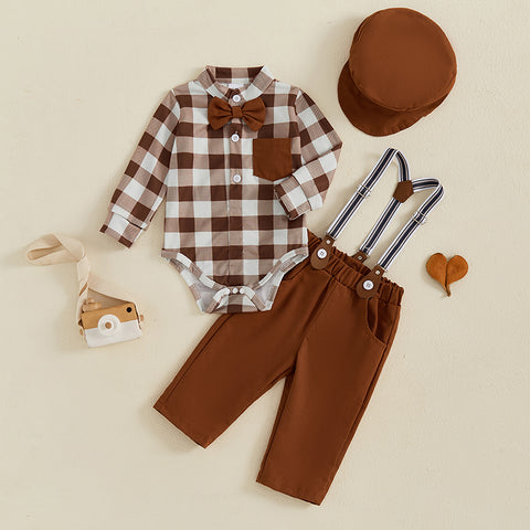 Toddler Baby Boy Outfit – Plaid Romper with Overall Pants and Hat