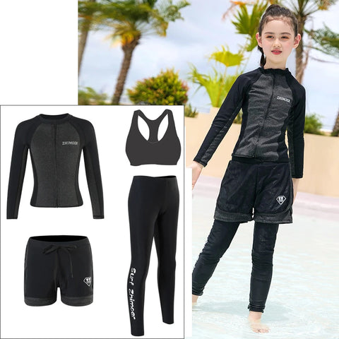 Three-Piece Rash Guard Set – Long Sleeve Zipper Hoodie Shirt, Pants & Swimwear Set