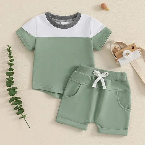 Toddler Boy Cotton Clothing Set – Contrast Short Sleeve Top & Pocket Shorts