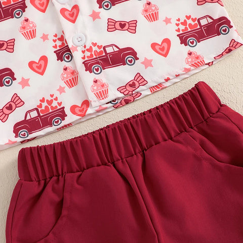 Toddler Baby Boys Valentine's Day Clothes Set – Heart Truck Shirt & Red Shorts