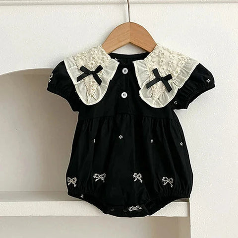 Girls Bodysuits Short Sleeved Cotton - Print Lace Splicing Jumpsuit