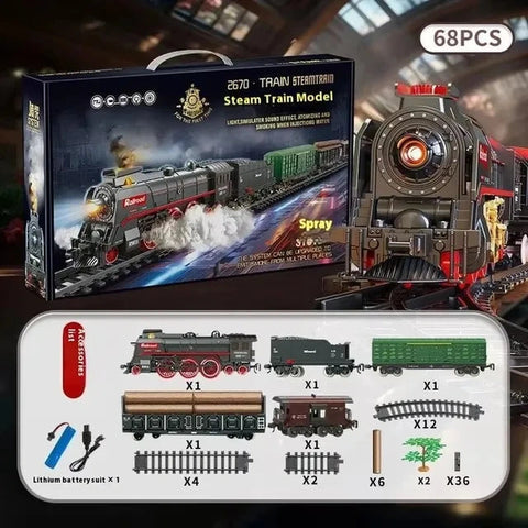 Retro Steam Train Track Toy Set – Electric Train with Spray & Lights, Christmas Gift for Kids