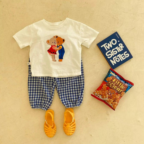 Summer Baby Clothes Cartoon T-shirt & Plaid Pants Two-Piece Set