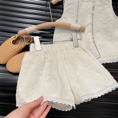 Sleeveless Cotton Embroidered Vest and Shorts Set for Girls