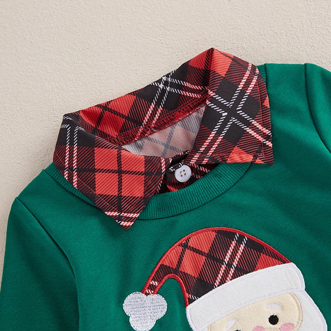 Toddler Baby Boys Christmas Sweatshirt – Plaid Santa & Reindeer Design