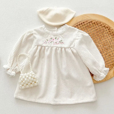 Baby Girls Floral Embroidery Princess Dress with Lace Collar – Long Sleeve Dress