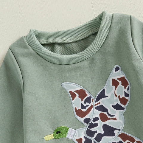 Spring Baby Boys Duck Embroidery Clothing Set – Pullover + Camouflage Pants