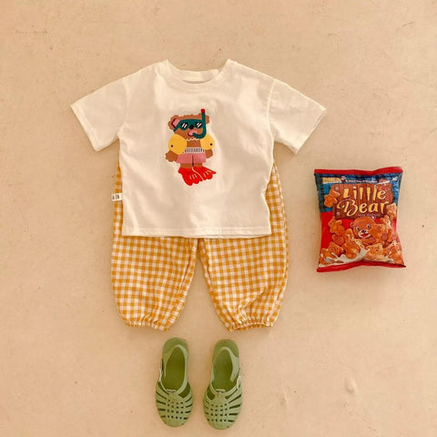 Summer Baby Clothes Cartoon T-shirt & Plaid Pants Two-Piece Set