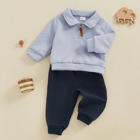 Boy Autumn Outfit – Casual Long Sleeve Lapel Half Zip Pullover & Solid Color Pants Set