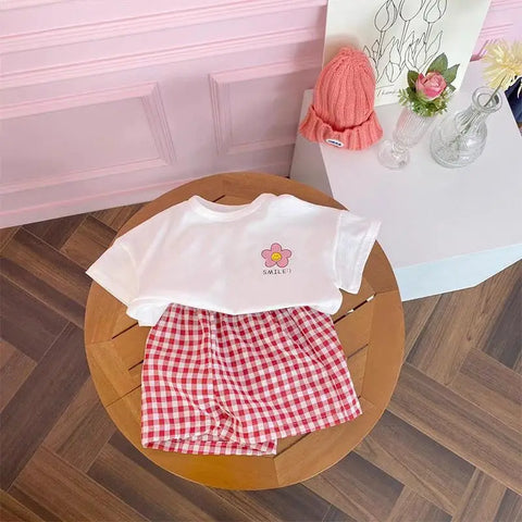 Summer Children Clothing Short Sleeve T-shirt & Plaid Shorts 2-Piece Set