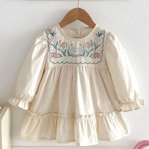 Princess Kids Spring Long Sleeved Cotton Floral Embroidery Party Dress