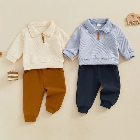 Boy Autumn Outfit – Casual Long Sleeve Lapel Half Zip Pullover & Solid Color Pants Set