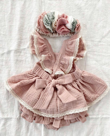 Vintage Sleeveless Criss-Cross Dress with Ruffles & Lace Shorts – Toddler Princess Dress