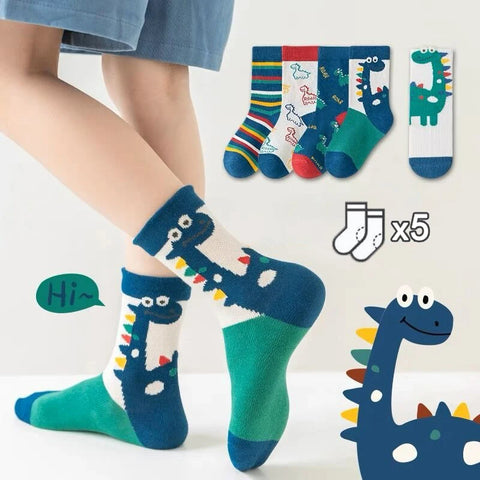 Five Pairs Dinosaur Cartoon Kids Socks