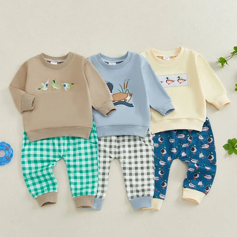 Autumn Baby Clothes Set – Duck Print Long Sleeve Pullover Sweatshirt & Elastic Waist Pants