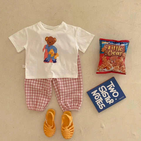 Summer Baby Clothes Cartoon T-shirt & Plaid Pants Two-Piece Set