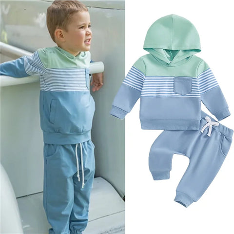 Casual Baby Boys Autumn Clothes – Long Sleeve Stripes Print Hoodie Sweatshirt & Elastic Waist Pants Tracksuit