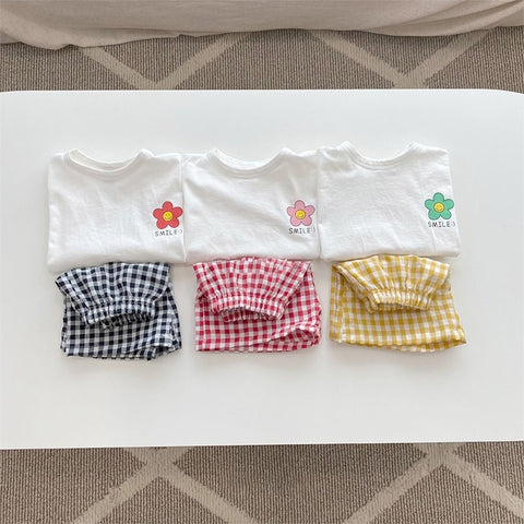 Summer Children Clothing Short Sleeve T-shirt & Plaid Shorts 2-Piece Set