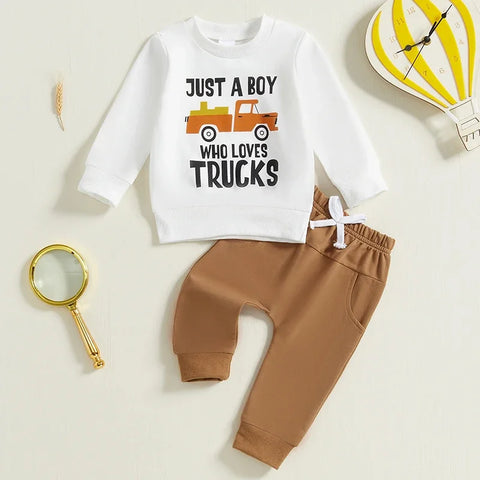 Toddler Baby Boys Letter Truck Print Long Sleeve Sweatshirt & Pants Set