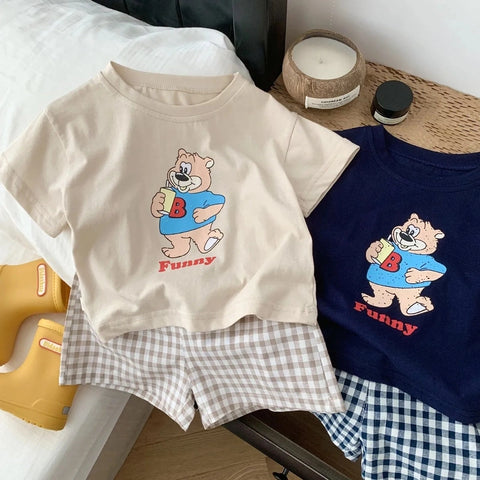 Baby Boys Cartoon T-Shirt and Plaid Shorts Set - Summer Toddler Clothing