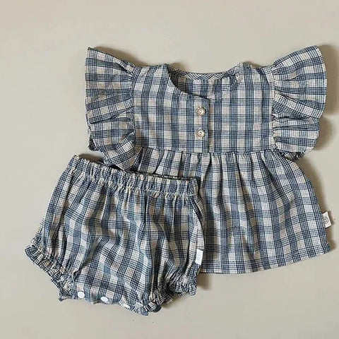 Summer Baby Girls Clothing Set - Short-Sleeved Cotton Lattice Shirt + Shorts