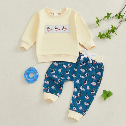 Autumn Baby Clothes Set – Duck Print Long Sleeve Pullover Sweatshirt & Elastic Waist Pants