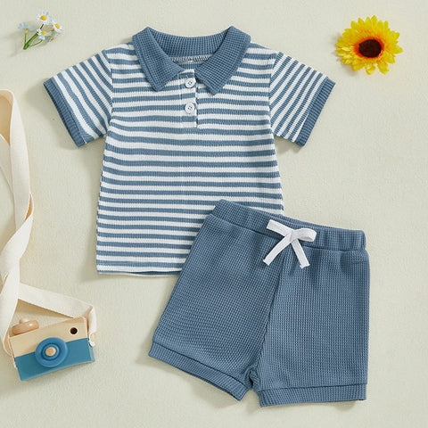 Baby Boys Summer Outfit – Striped Lapel T-Shirt & Drawstring Shorts Set