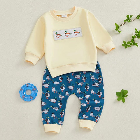 Autumn Baby Clothes Set – Duck Print Long Sleeve Pullover Sweatshirt & Elastic Waist Pants