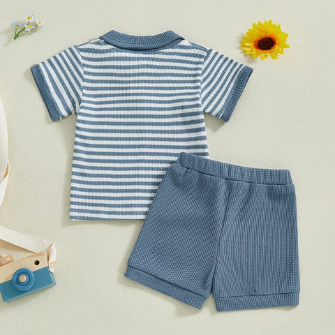 Baby Boys Summer Outfit – Striped Lapel T-Shirt & Drawstring Shorts Set