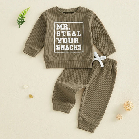 Spring Autumn Baby Boy Waffled Clothes – Letter Print Sweatshirt & Pants Set