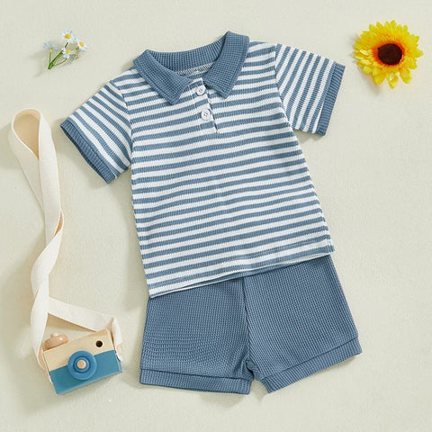 Baby Boys Summer Outfit – Striped Lapel T-Shirt & Drawstring Shorts Set