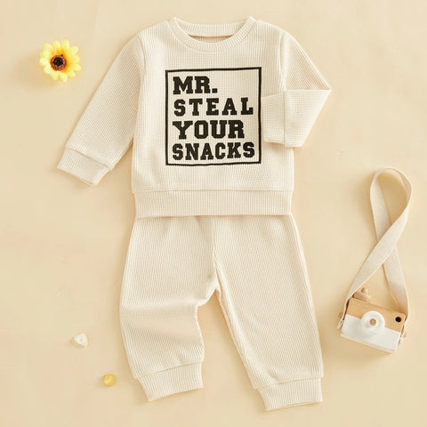 Spring Autumn Baby Boy Waffled Clothes – Letter Print Sweatshirt & Pants Set