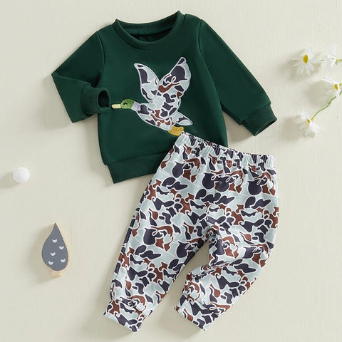 Spring Baby Boys Duck Embroidery Clothing Set – Pullover + Camouflage Pants