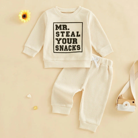 Spring Autumn Baby Boy Waffled Clothes – Letter Print Sweatshirt & Pants Set