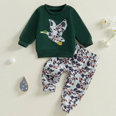 Spring Baby Boys Duck Embroidery Clothing Set – Pullover + Camouflage Pants