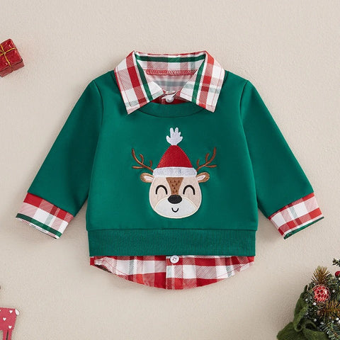 Toddler Baby Boys Christmas Sweatshirt – Plaid Santa & Reindeer Design